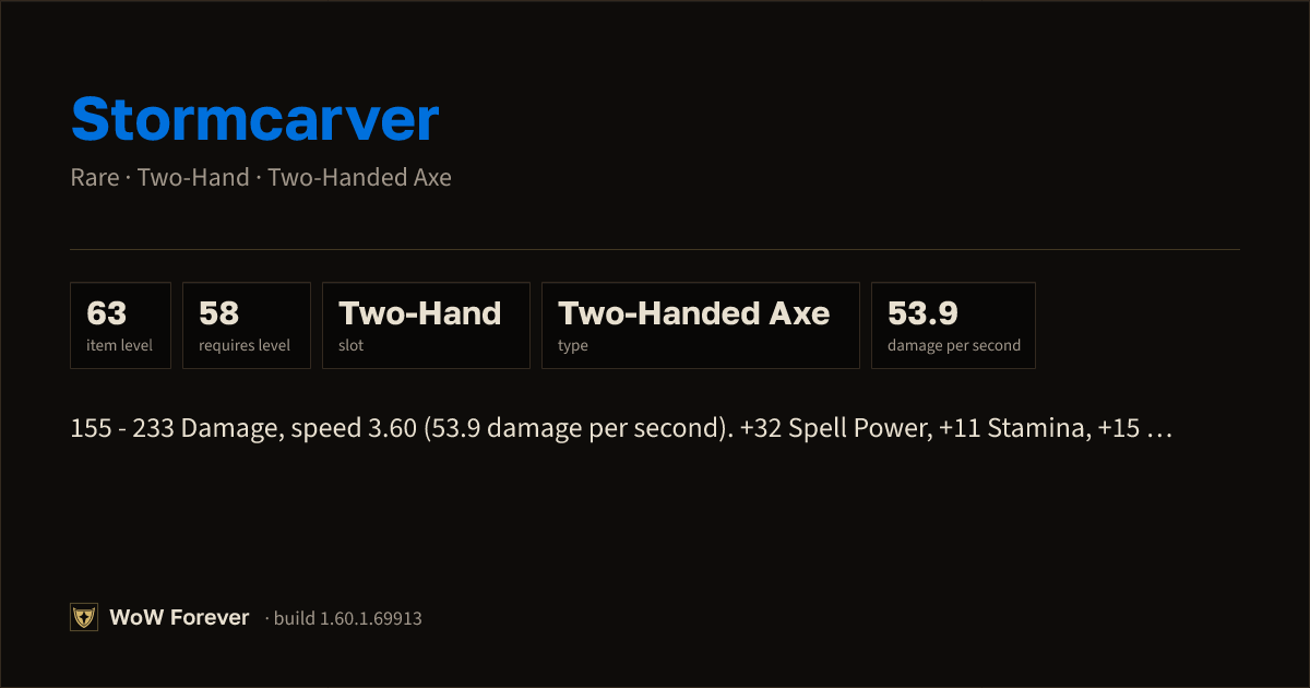 The preview card for Stormcarver - Rare Two-Hand Axe, Item Level 63