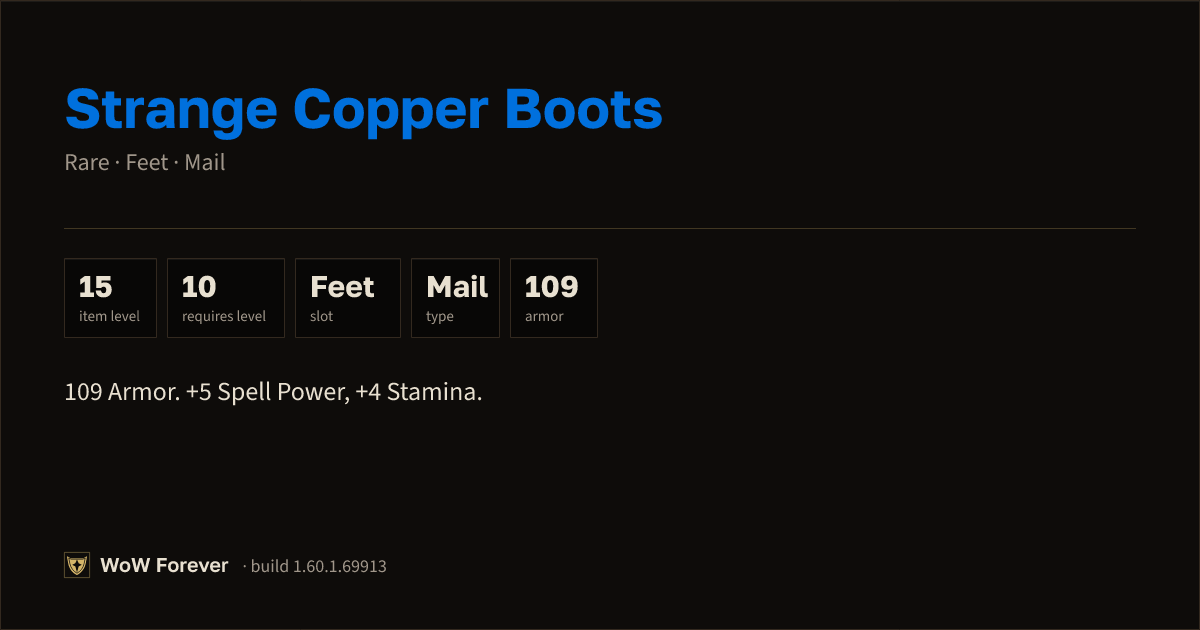 The preview card for Strange Copper Boots - Rare Mail Feet