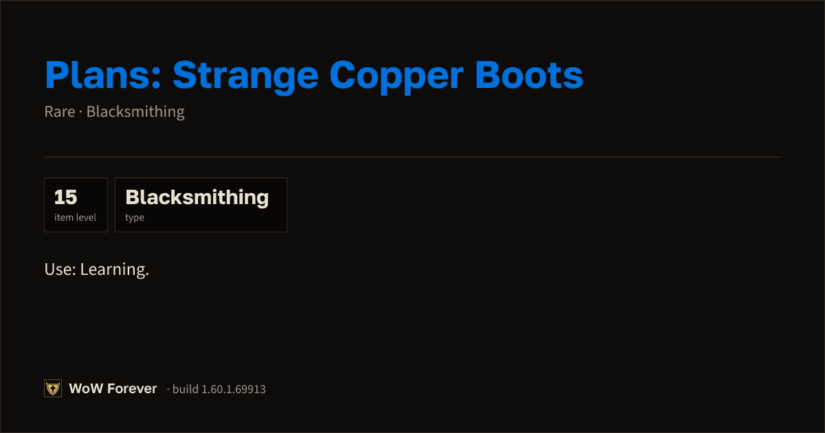 The preview card for Plans: Strange Copper Boots - WoW Forever Item