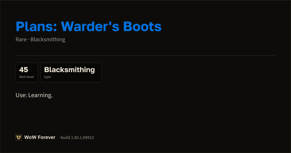 The preview card for Plans: Warder's Boots - Rare Blacksmithing Recipe