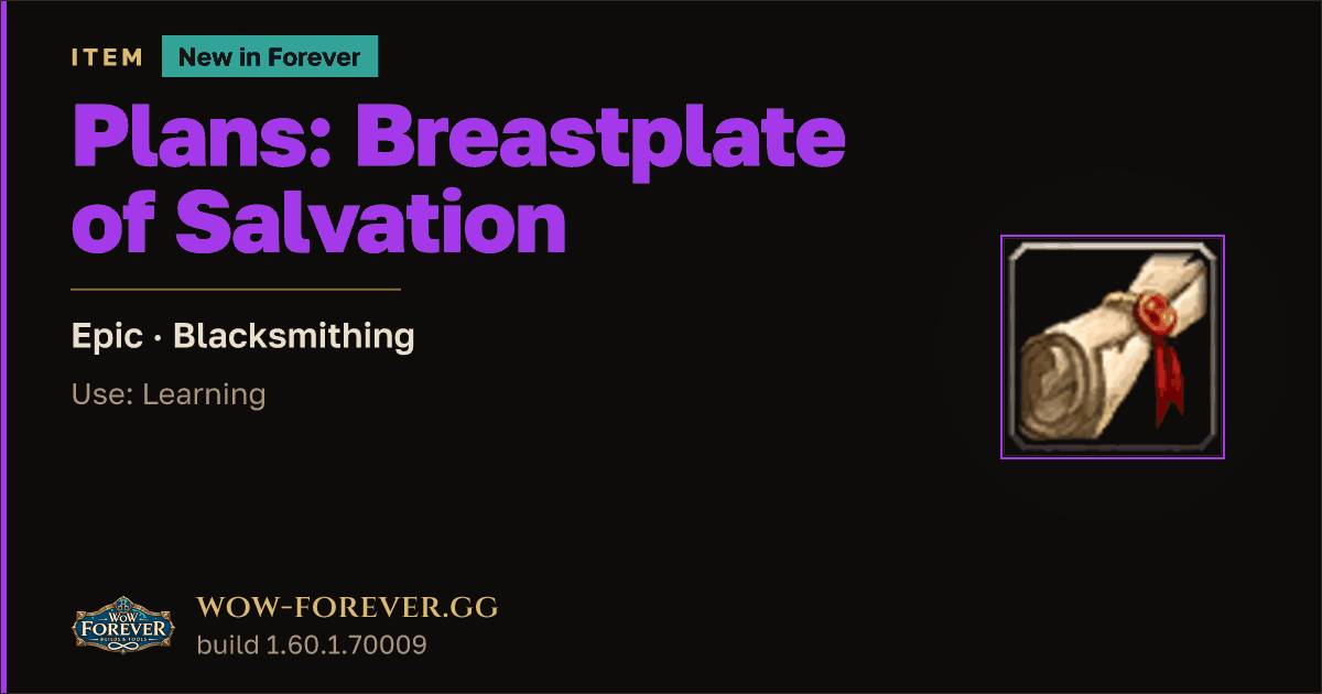 The preview card for Plans: Breastplate of Salvation - WoW Forever Item