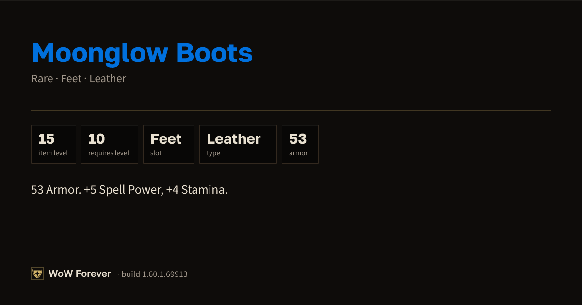 The preview card for Moonglow Boots - Rare Leather Feet, Item Level 15