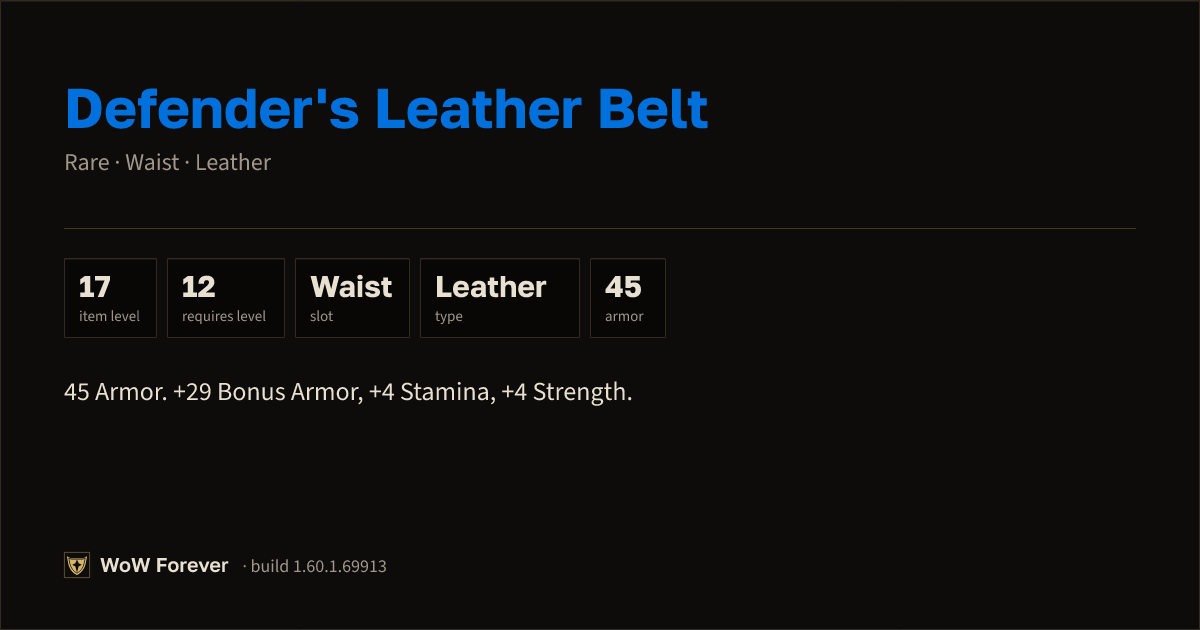 The preview card for Defender's Leather Belt - Rare Leather Waist