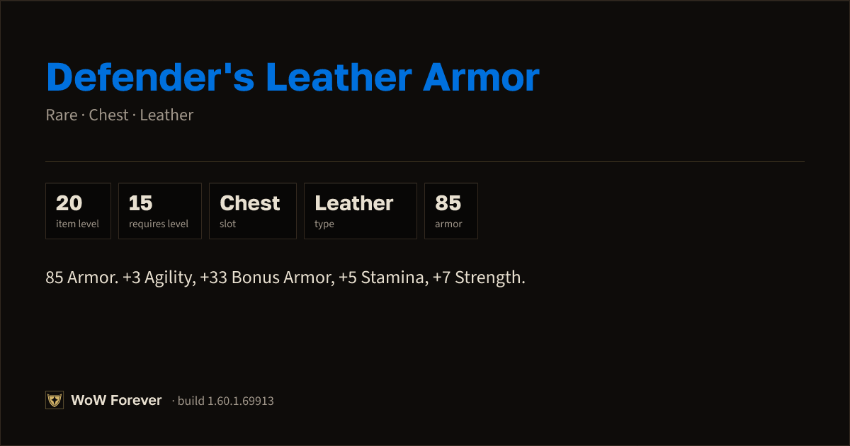 The preview card for Defender's Leather Armor - Rare Leather Chest