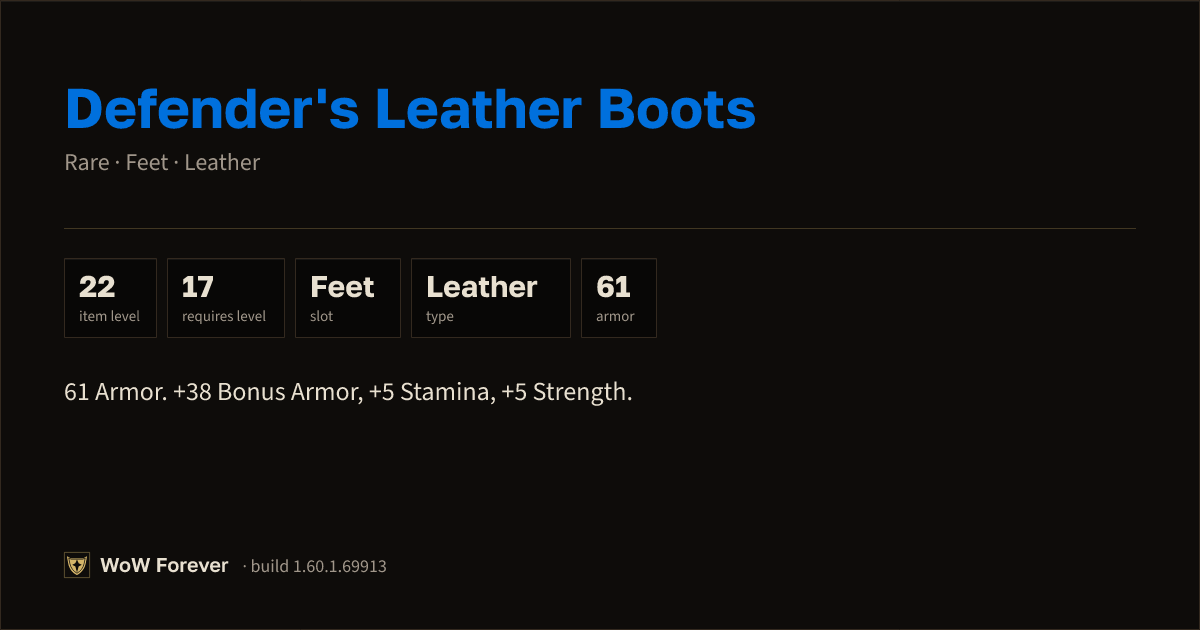 The preview card for Defender's Leather Boots - Rare Leather Feet