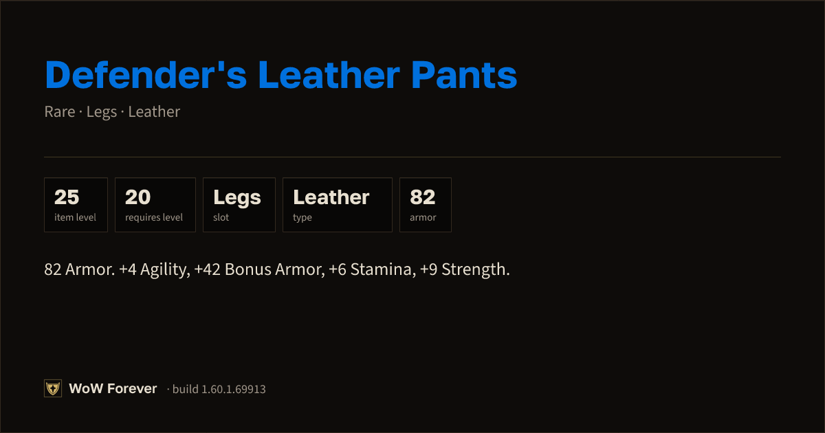 The preview card for Defender's Leather Pants - Rare Leather Legs