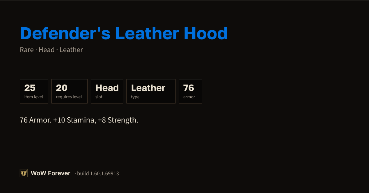 The preview card for Defender's Leather Hood - Rare Leather Head
