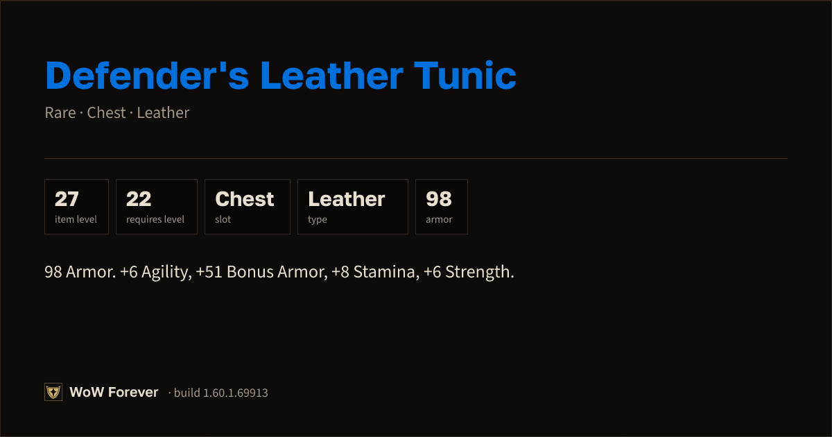 The preview card for Defender's Leather Tunic - Rare Leather Chest