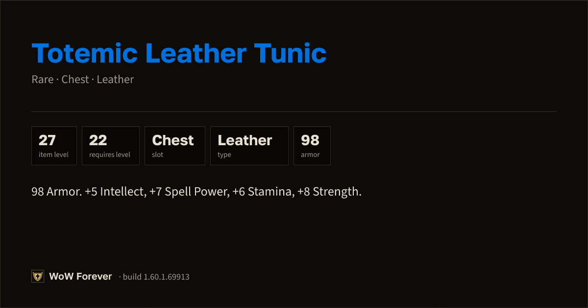 The preview card for Totemic Leather Tunic - Rare Leather Chest