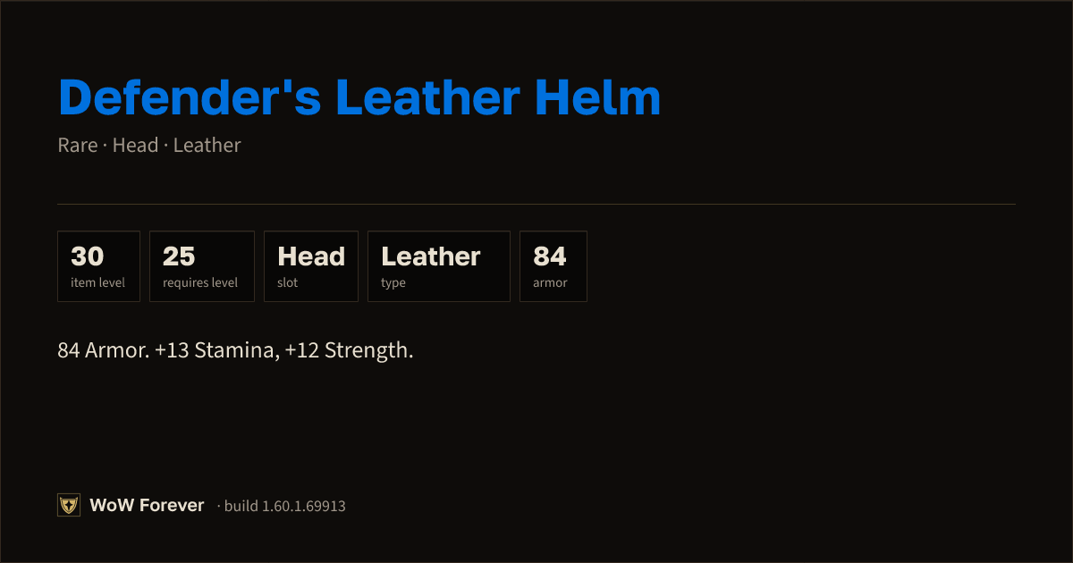 The preview card for Defender's Leather Helm - Rare Leather Head