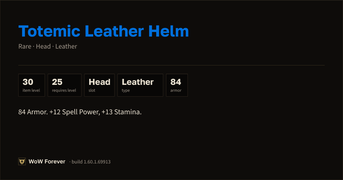 The preview card for Totemic Leather Helm - Rare Leather Head