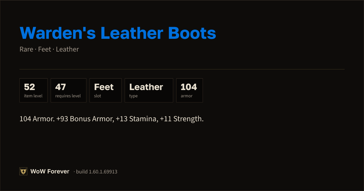 The preview card for Warden's Leather Boots - Rare Leather Feet