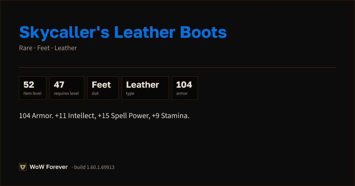 The preview card for Skycaller's Leather Boots - Rare Leather Feet