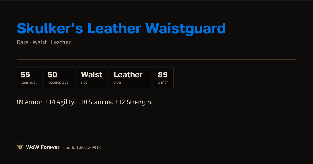The preview card for Skulker's Leather Waistguard - Rare Leather Waist