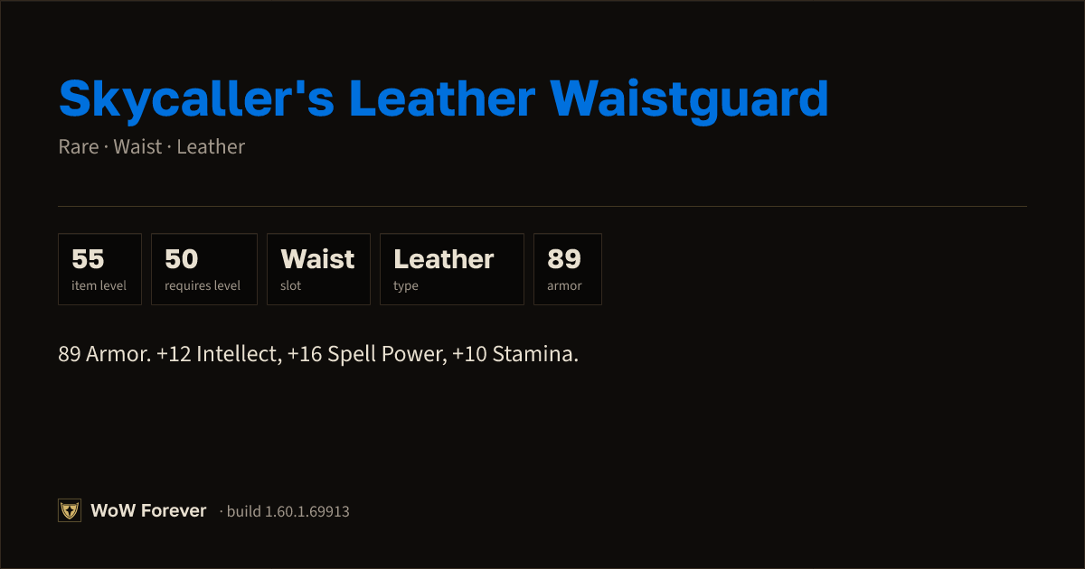 The preview card for Skycaller's Leather Waistguard - Rare Leather Waist