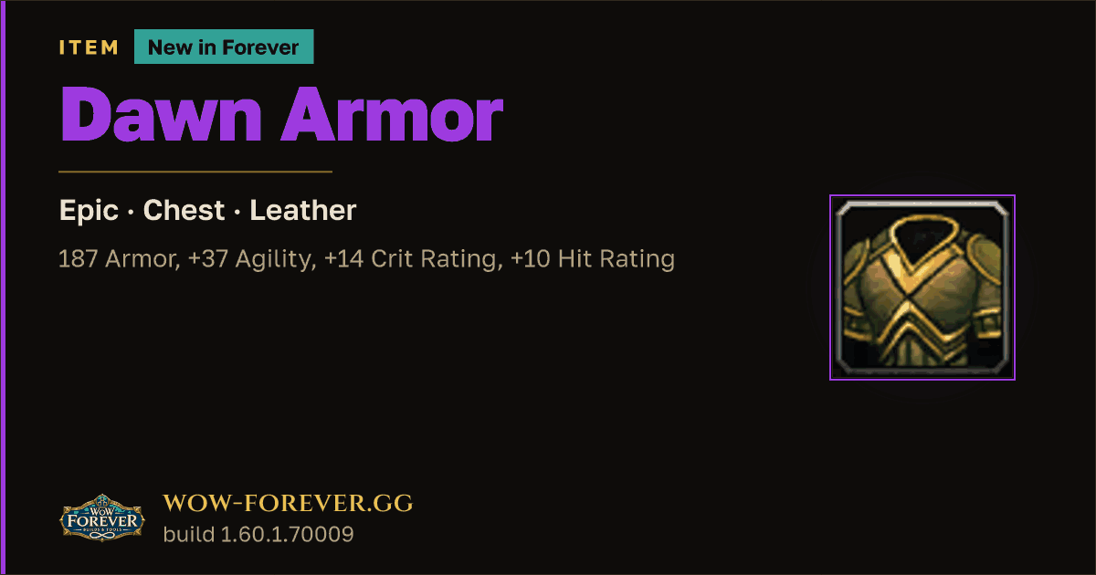 The preview card for Dawn Armor - Epic Leather Chest, Item Level 61