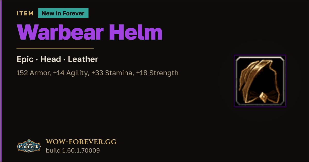 The preview card for Warbear Helm - Epic Leather Head, Item Level 61