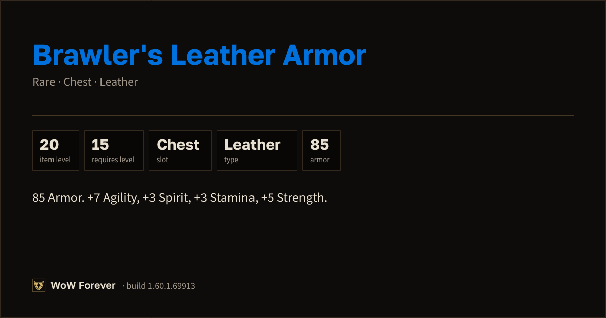 The preview card for Brawler's Leather Armor - Rare Leather Chest