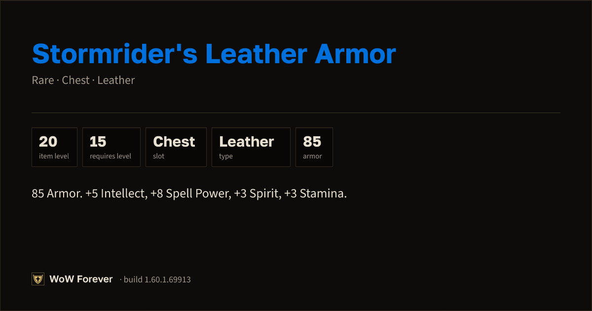 The preview card for Stormrider's Leather Armor - Rare Leather Chest