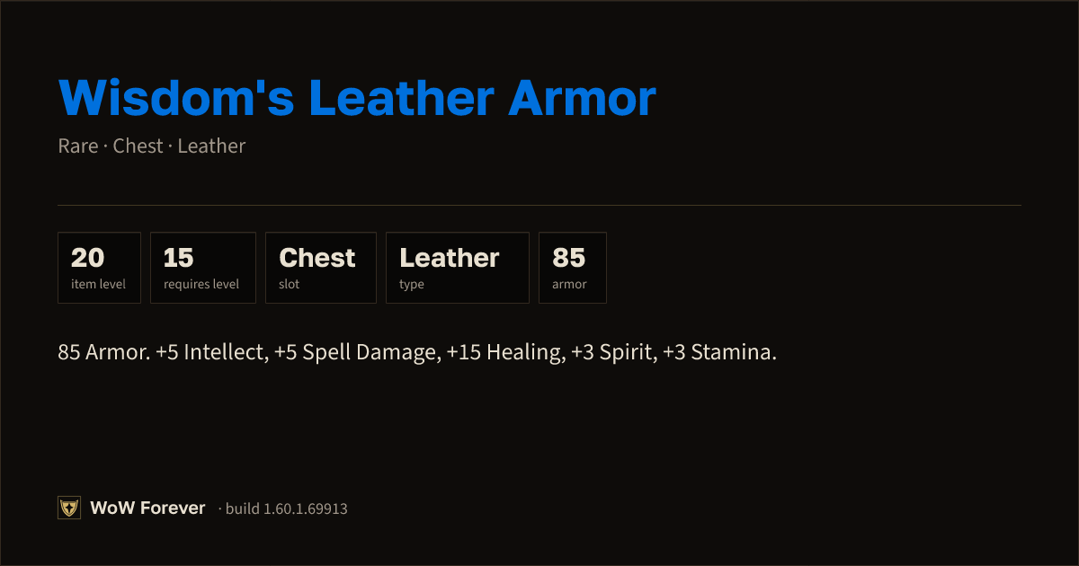 The preview card for Wisdom's Leather Armor - Rare Leather Chest