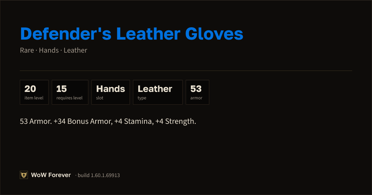 The preview card for Defender's Leather Gloves - Rare Leather Hands