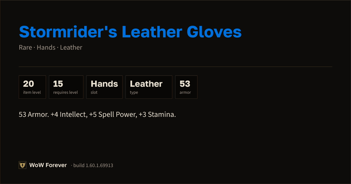 The preview card for Stormrider's Leather Gloves - Rare Leather Hands