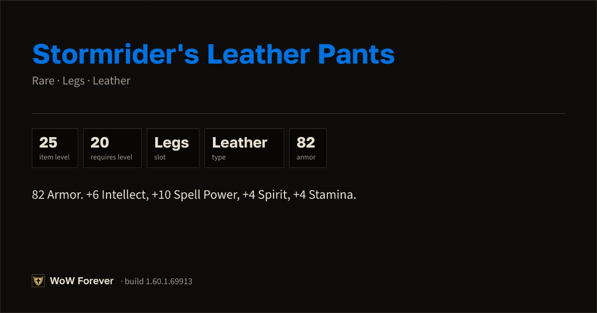 The preview card for Stormrider's Leather Pants - Rare Leather Legs