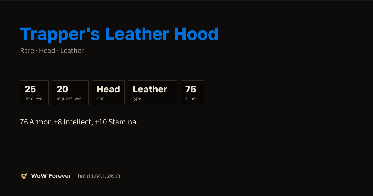 The preview card for Trapper's Leather Hood - Rare Leather Head