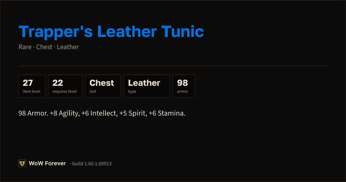 The preview card for Trapper's Leather Tunic - Rare Leather Chest