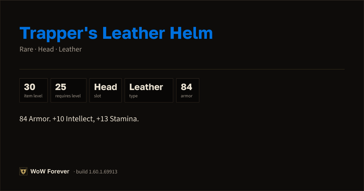 The preview card for Trapper's Leather Helm - Rare Leather Head