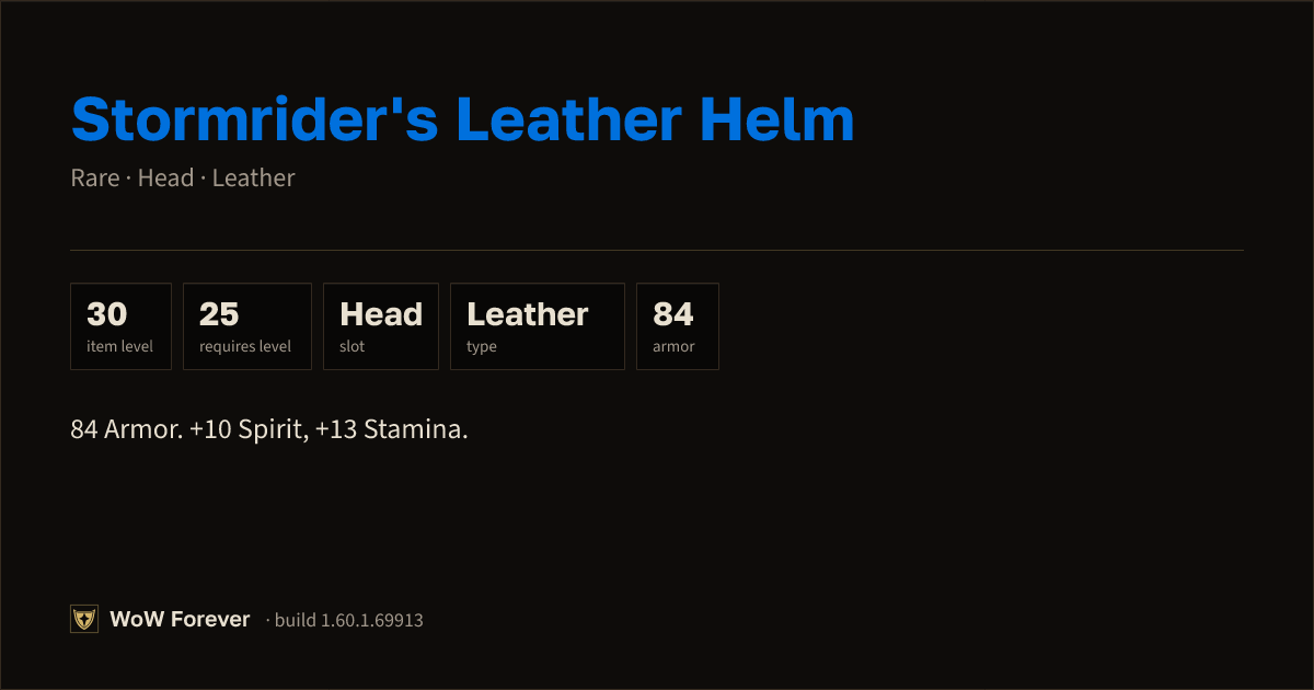 The preview card for Stormrider's Leather Helm - Rare Leather Head