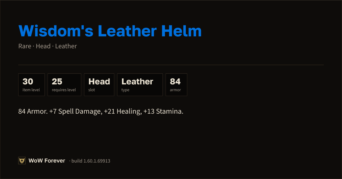 The preview card for Wisdom's Leather Helm - Rare Leather Head