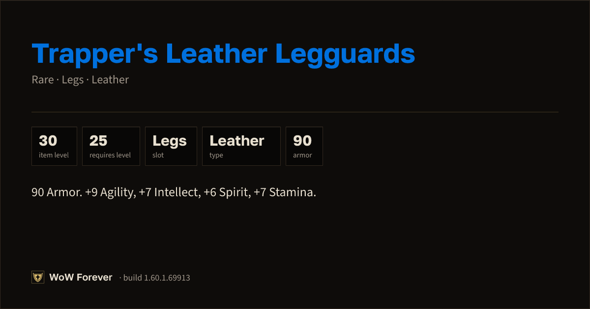 The preview card for Trapper's Leather Legguards - Rare Leather Legs