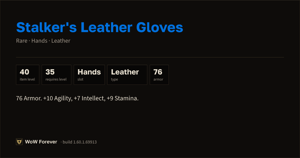 The preview card for Stalker's Leather Gloves - Rare Leather Hands