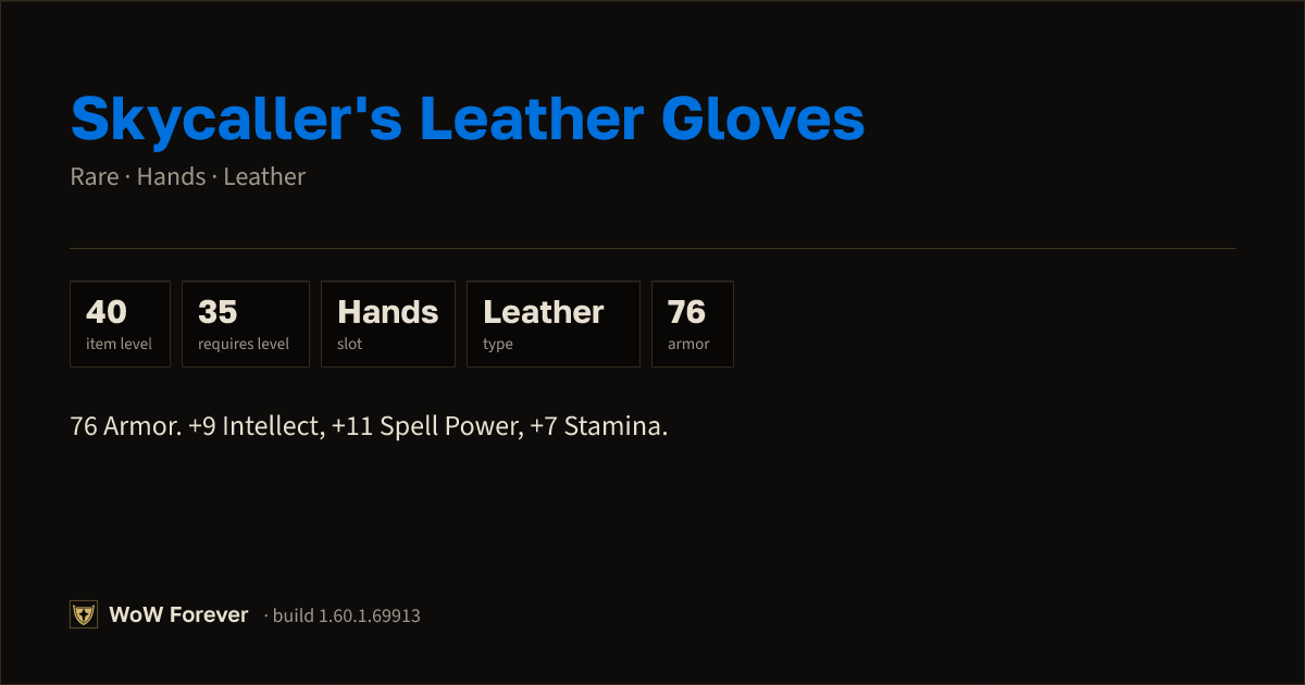 The preview card for Skycaller's Leather Gloves - Rare Leather Hands
