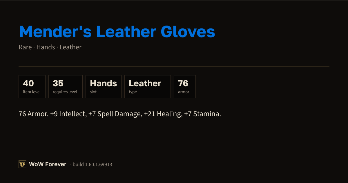 The preview card for Mender's Leather Gloves - Rare Leather Hands