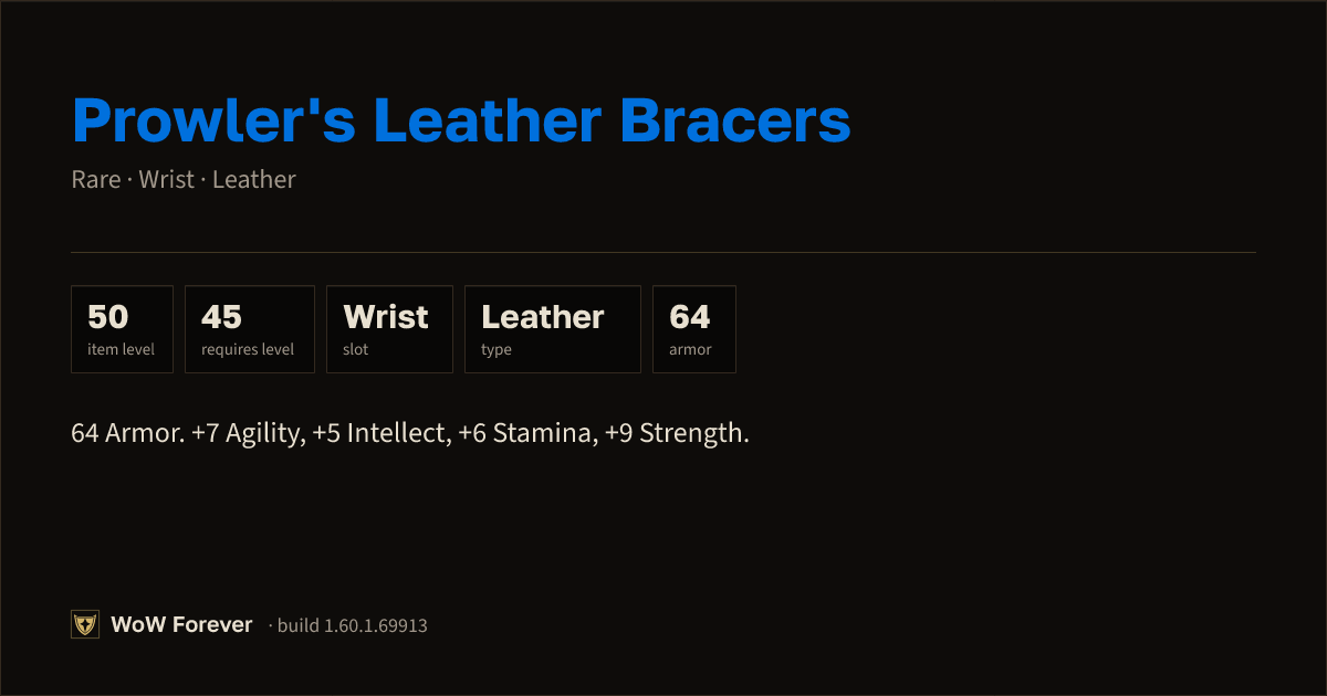 The preview card for Prowler's Leather Bracers - Rare Leather Wrist