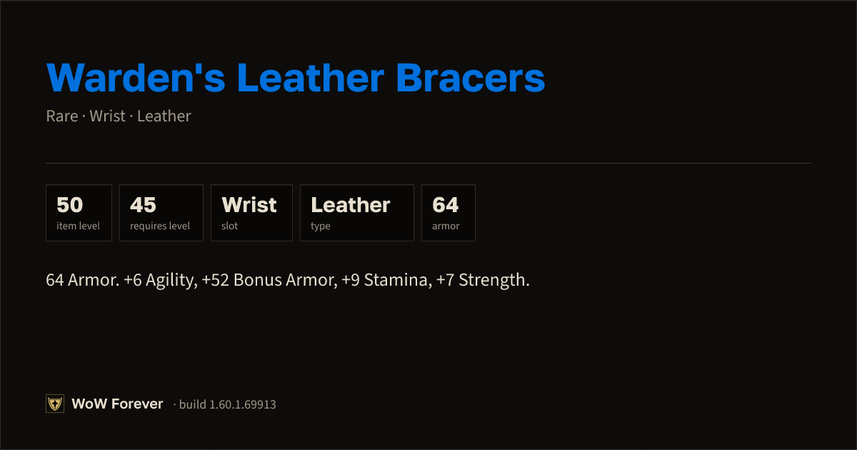 The preview card for Warden's Leather Bracers - Rare Leather Wrist