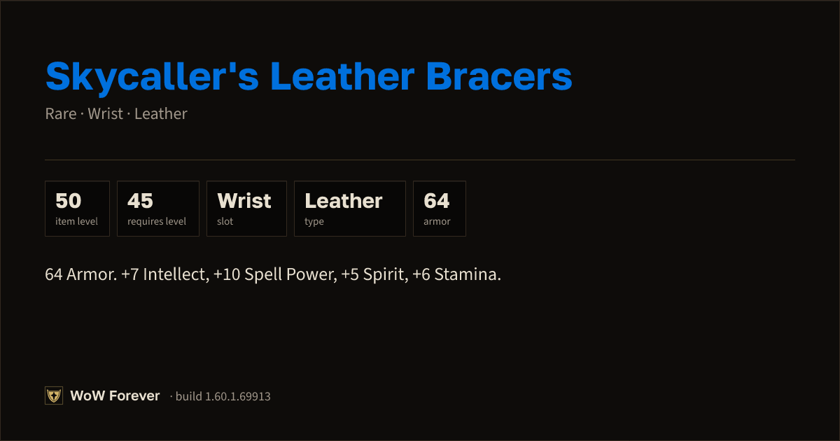 The preview card for Skycaller's Leather Bracers - Rare Leather Wrist