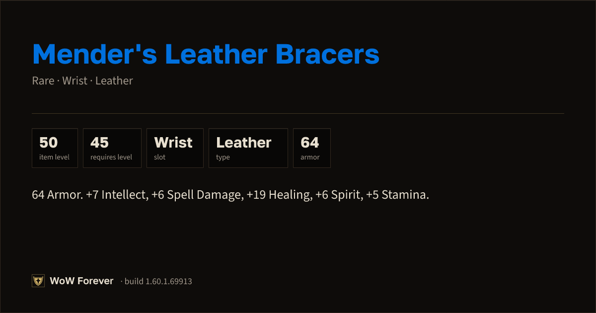 The preview card for Mender's Leather Bracers - Rare Leather Wrist