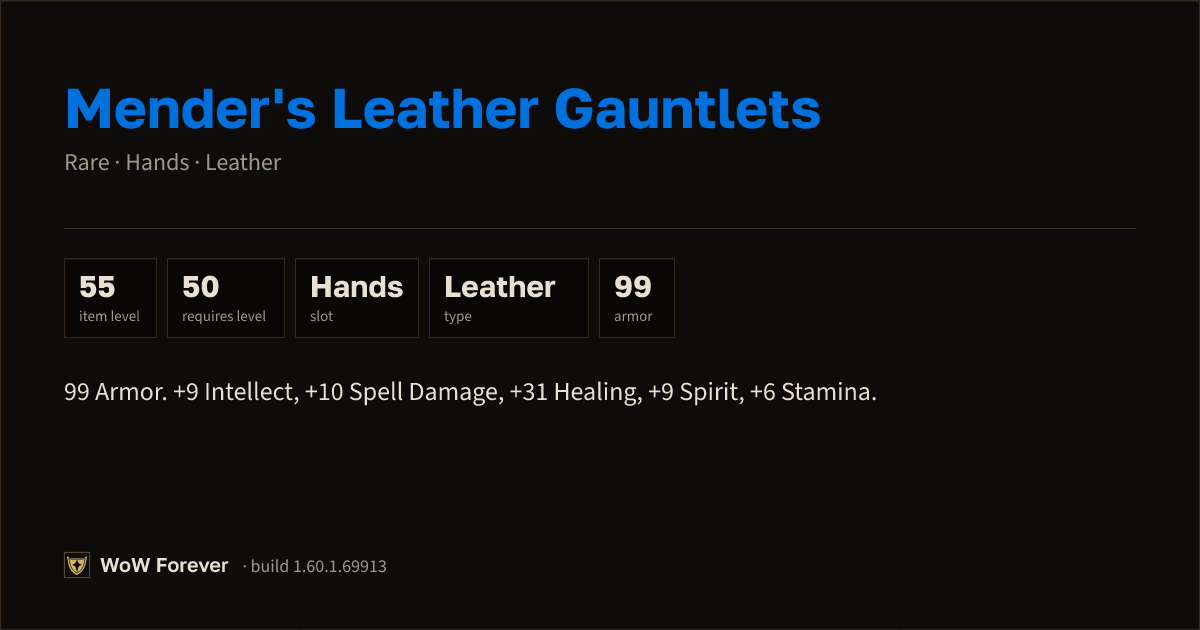 The preview card for Mender's Leather Gauntlets - Rare Leather Hands