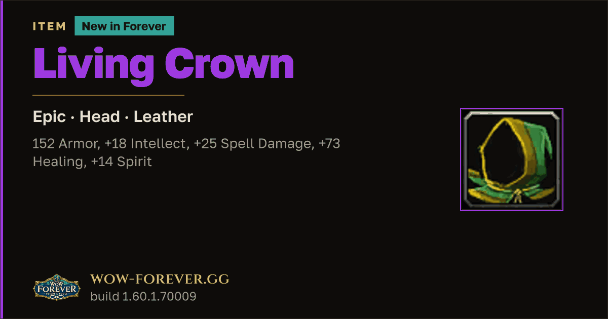 The preview card for Living Crown - Epic Leather Head, Item Level 61