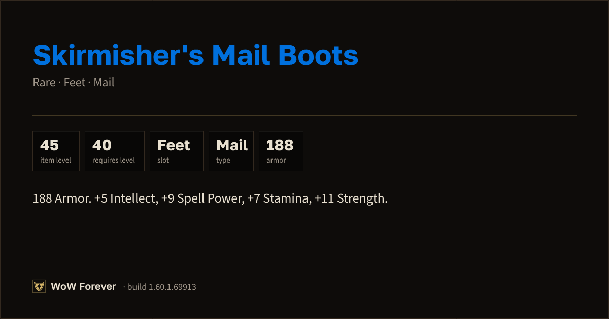 The preview card for Skirmisher's Mail Boots - Rare Mail Feet