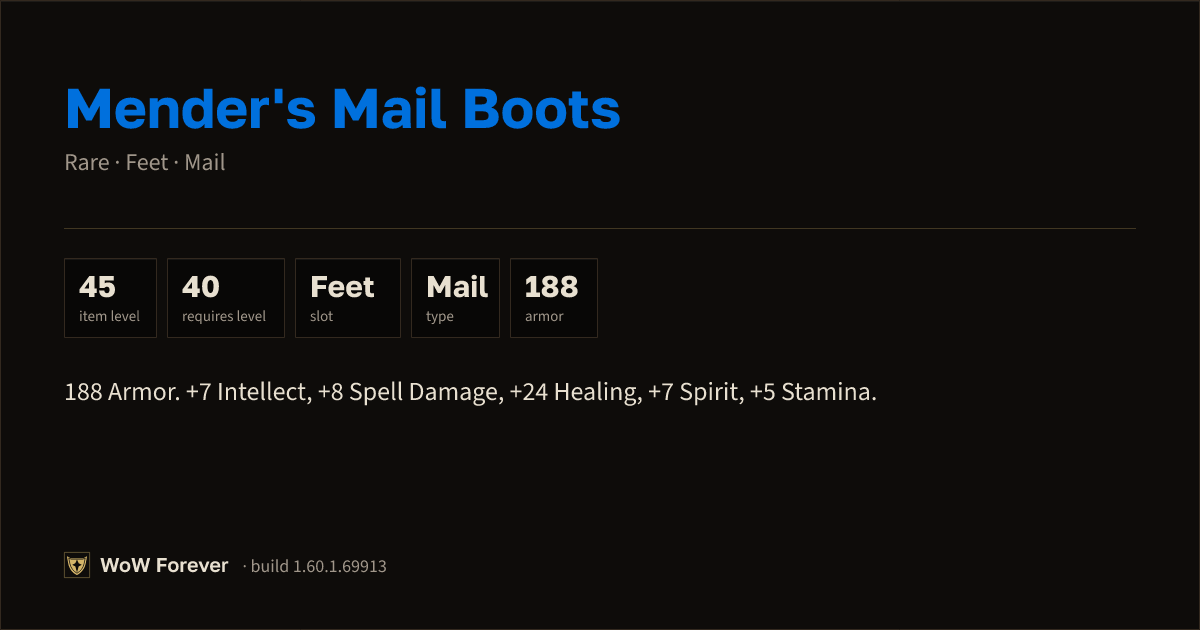 The preview card for Mender's Mail Boots - Rare Mail Feet, Item Level 45