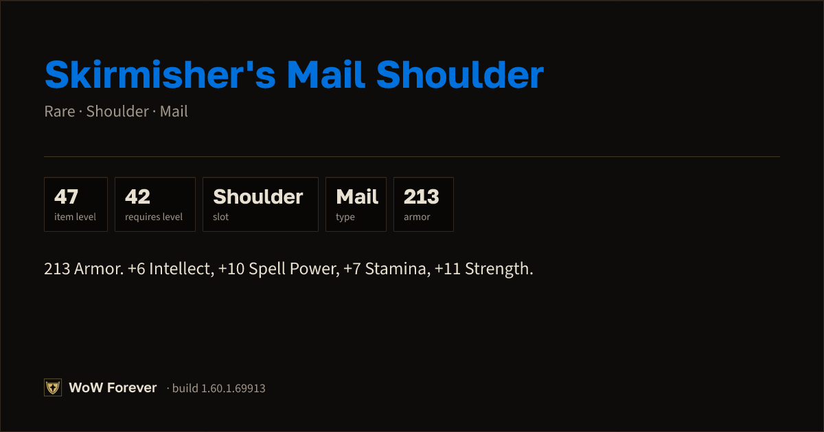 The preview card for Skirmisher's Mail Shoulder - Rare Mail Shoulder