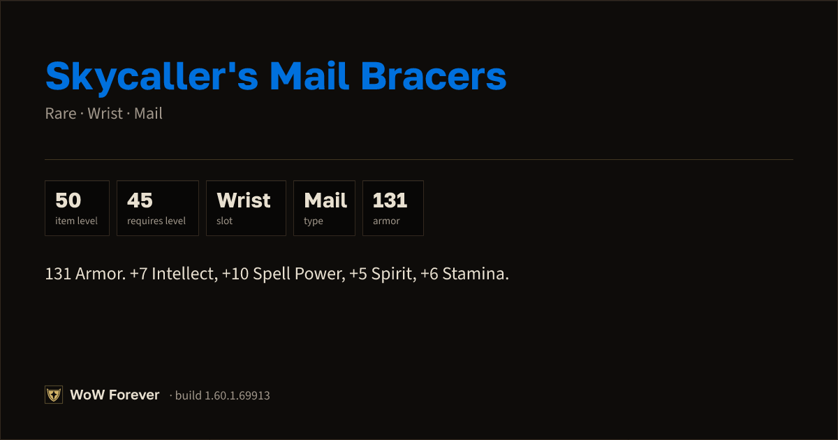 The preview card for Skycaller's Mail Bracers - Rare Mail Wrist