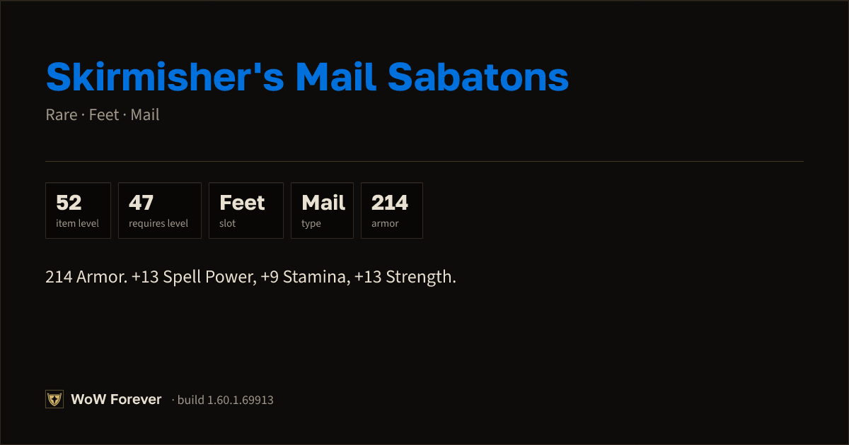 The preview card for Skirmisher's Mail Sabatons - Rare Mail Feet