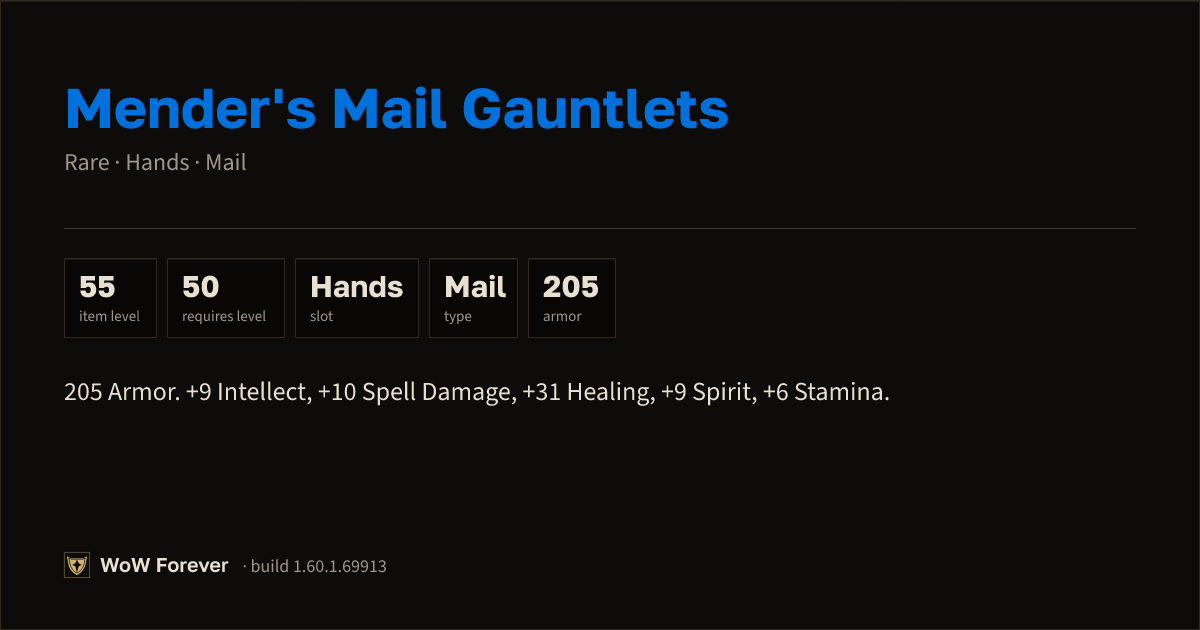 The preview card for Mender's Mail Gauntlets - Rare Mail Hands