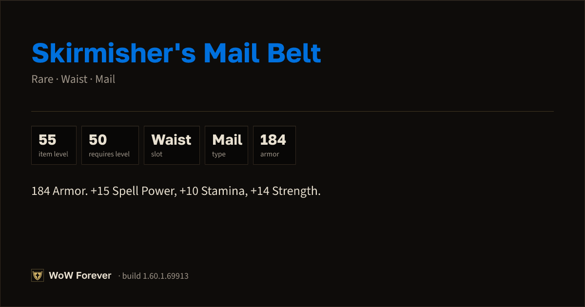 The preview card for Skirmisher's Mail Belt - Rare Mail Waist