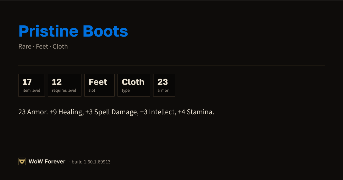 The preview card for Pristine Boots - Rare Cloth Feet, Item Level 17